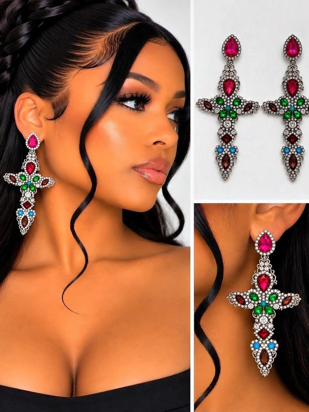 Crystal Rhinestone Cross Drop Earrings